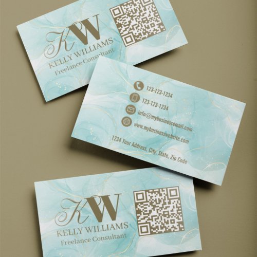 Blue Marble Monogram QR Code Raised Gloss Spot UV Business Card