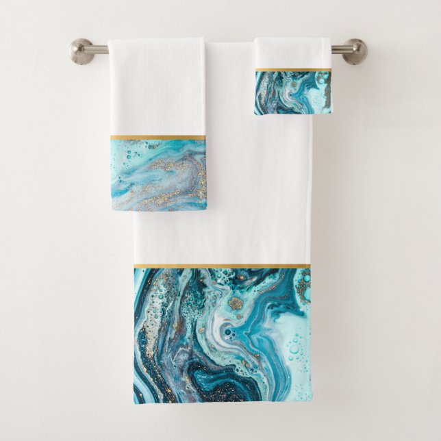 BLUE MARBLE OCEAN SWIRL BATHROOM TOWEL SET (Insitu)