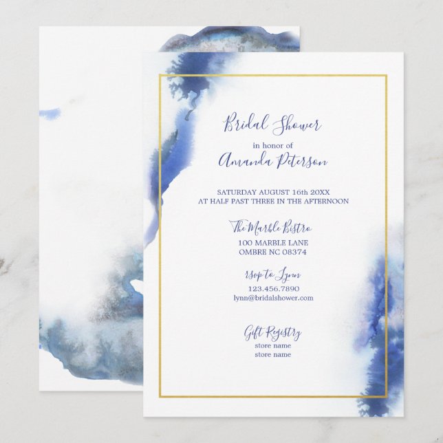 Blue Marble Ombre Gold Frame Bridal Shower Invitation (Front/Back)