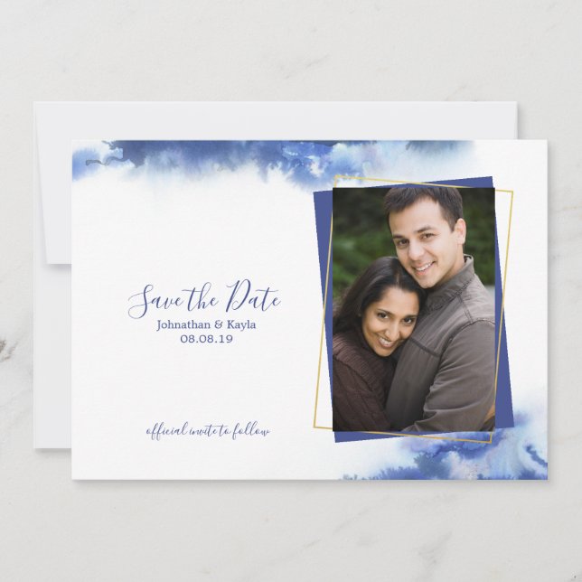 Blue Marble Ombre Gold Frame Save the Date Announcement (Front)