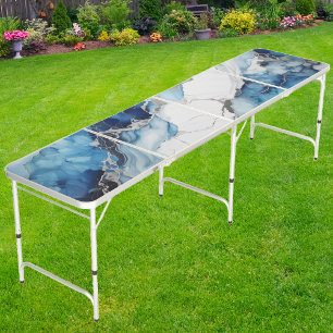 Blue Marble on White Stone Beer Pong Table