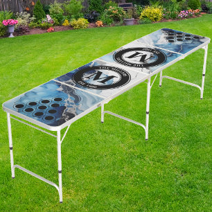 Blue Marble on White Stone Family Monogram & Name Beer Pong Table