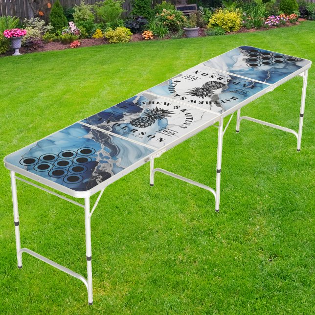 Blue Marble on White Stone Tropical Pineapple Wed Beer Pong Table (Creator Uploaded)