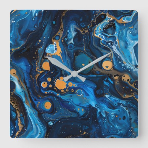 Blue Marble Paint Pour Jewel Texture Square Wall Clock