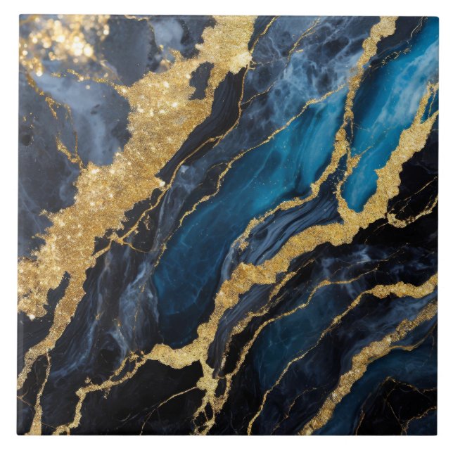 Blue Marble Pattern with Gold Ceramic Tile (Front)