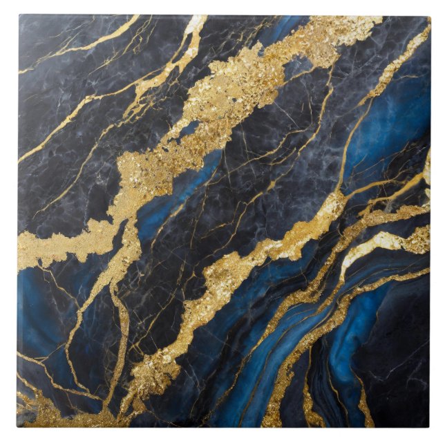 Blue Marble Pattern with Gold Ceramic Tile (Front)