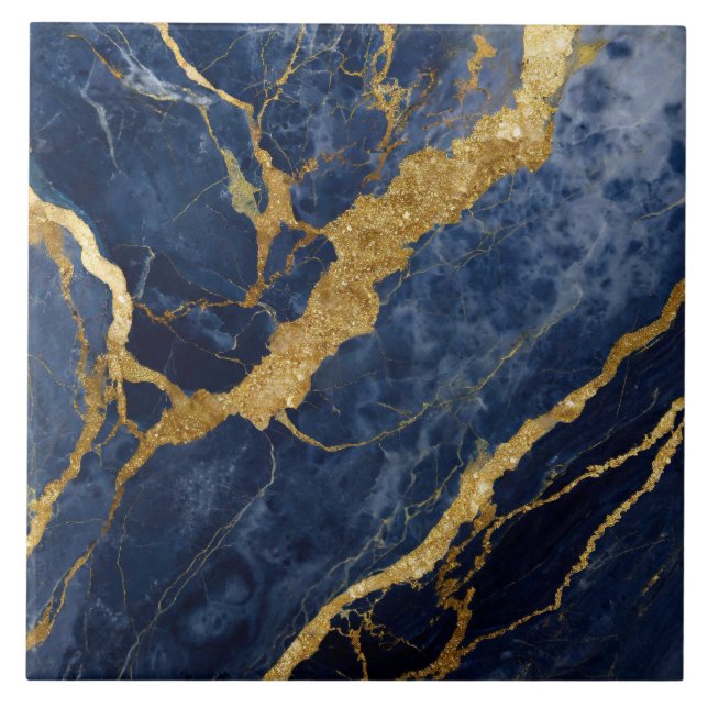 Blue Marble Pattern with Gold Ceramic Tile (Front)
