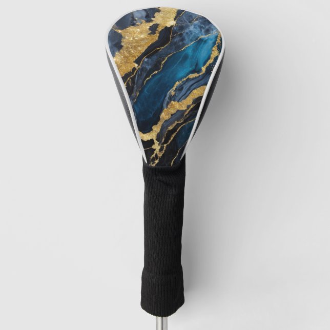 Blue Marble Pattern with Gold Golf Head Cover (Front)