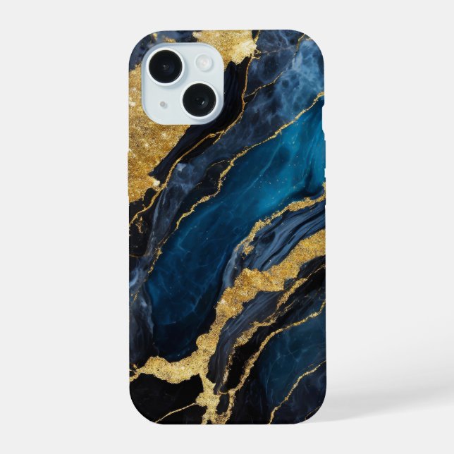 Blue Marble Pattern with Gold Iphone Case (Back)