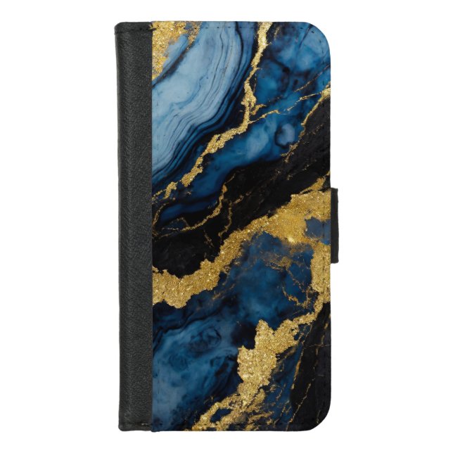 Blue Marble Pattern with Gold iPhone Wallet Case (Front)