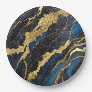 Blue Marble Pattern with Gold Paper Plates