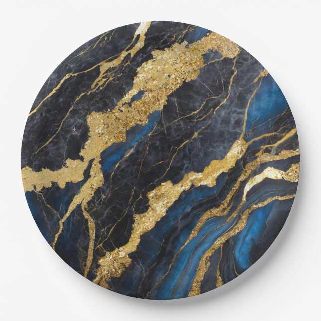 Blue Marble Pattern with Gold Paper Plates (Front)