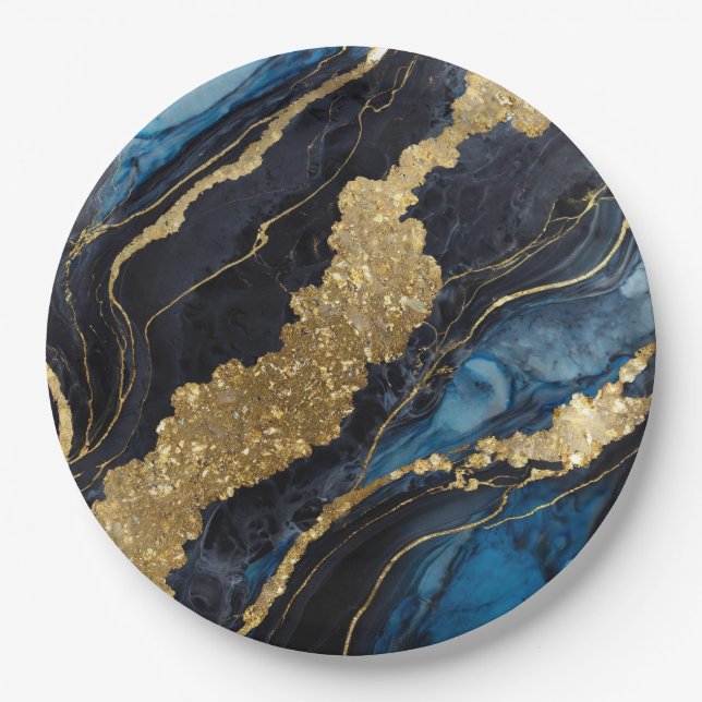 Blue Marble Pattern with Gold Paper Plates (Front)