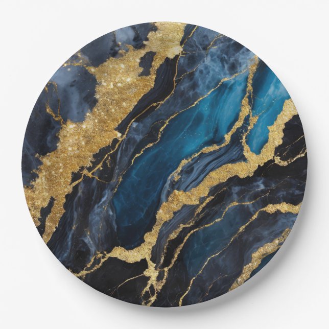 Blue Marble Pattern with Gold Paper Plates (Front)