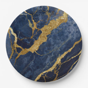 Blue Marble Pattern with Gold Paper Plates