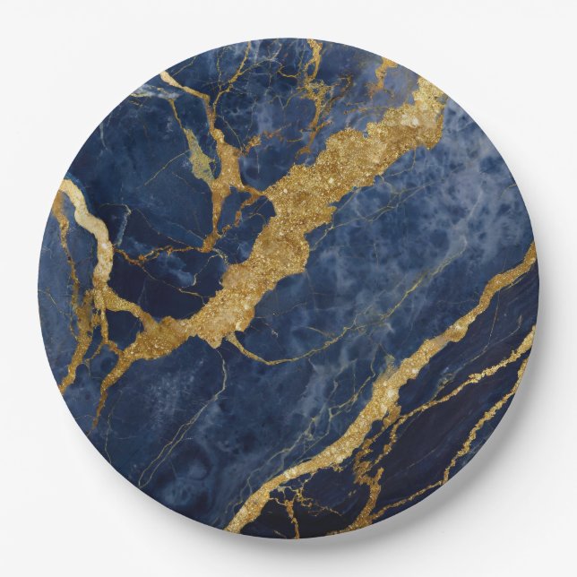 Blue Marble Pattern with Gold Paper Plates (Front)