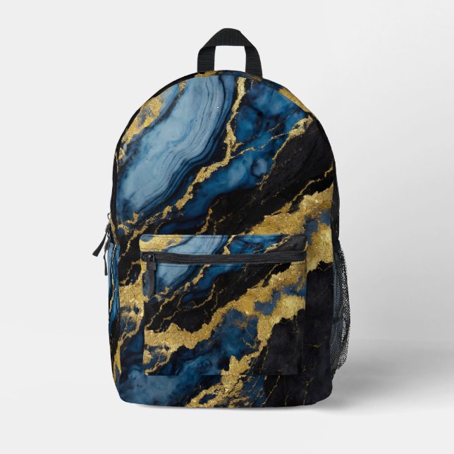 Blue Marble Pattern with Gold Printed Backpack (Front)