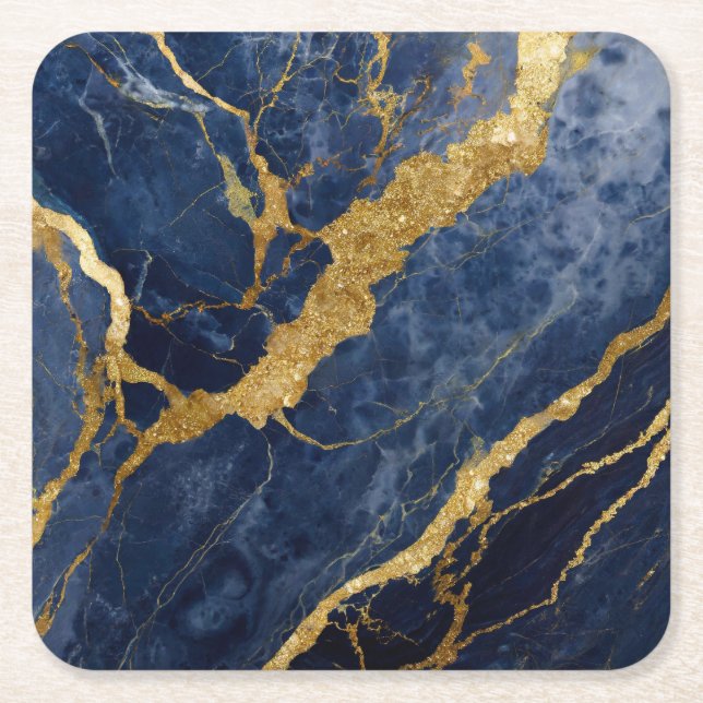 Blue Marble Pattern with Gold Square Paper Coaster (Front)