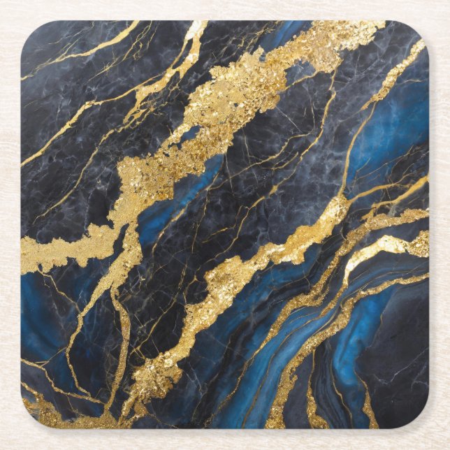Blue Marble Pattern with Gold Square Paper Coaster (Front)