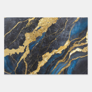 Blue Marble Pattern with Gold Wrapping Paper Sheets