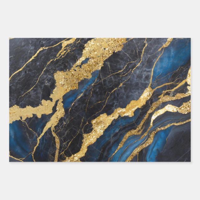 Blue Marble Pattern with Gold Wrapping Paper Sheets (Front)