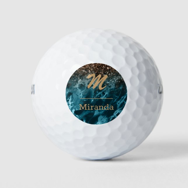 Blue Marble rose gold glitter Mongram personalized Golf Balls (Front)