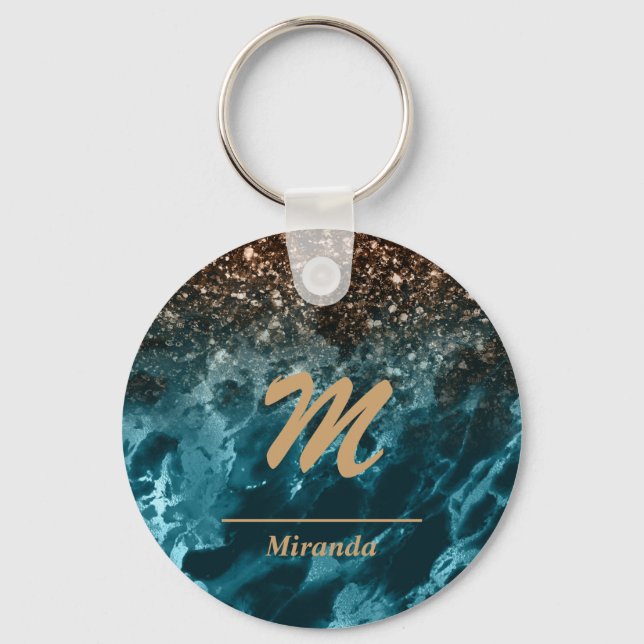 Blue Marble rose gold glitter Mongram personalized Keychain (Front)