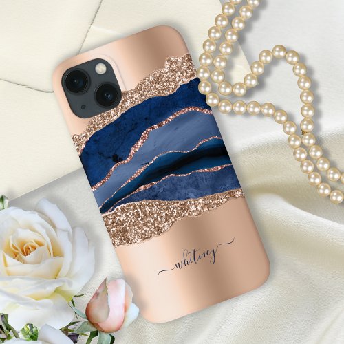 Blue Marble Rose Gold Glitter Name iPhone 13 Case