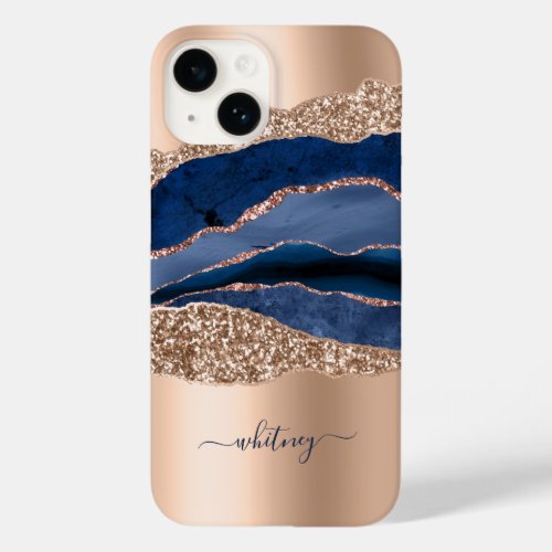 Blue Marble Rose Gold Glitter Name Case_Mate iPhone 14 Case