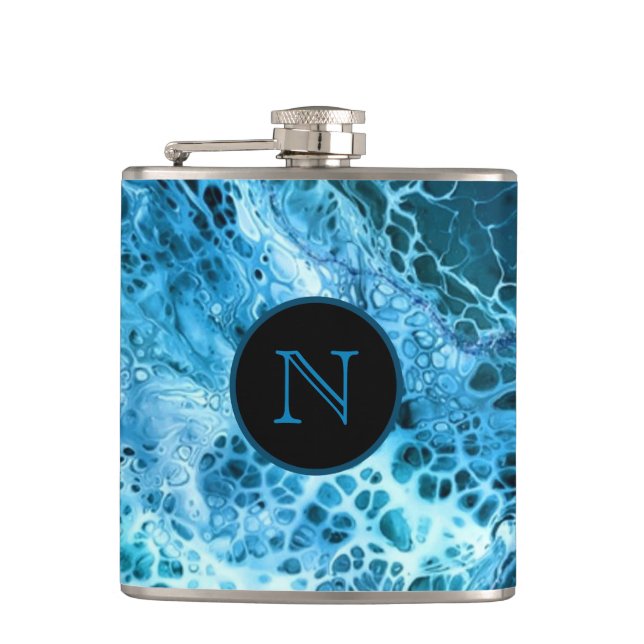 Blue Marble Splash Monogrammed Flask (Front)
