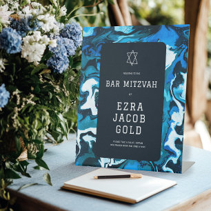 Blue Marble Star of David Custom Bar Bat Mitzvah Pedestal Sign