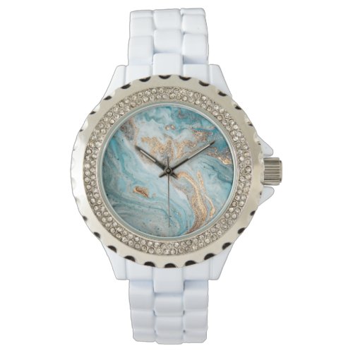 BLUE MARBLE SWIRL SPARKLE DIAMONTE BAND WATCH