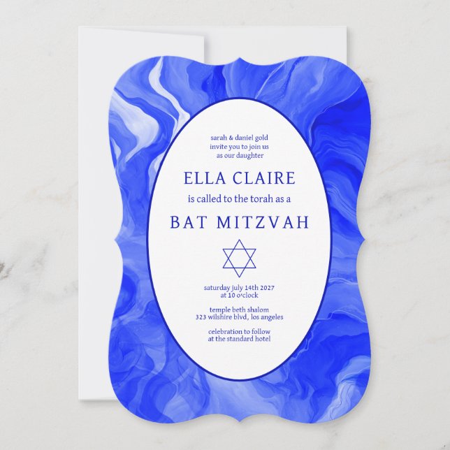 Blue Marble Swirls Star of David Bar Bat Mitzvah Invitation (Front)