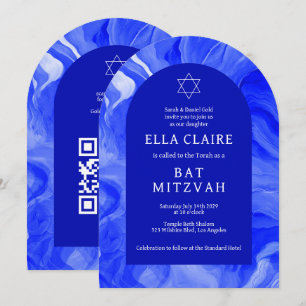 Blue Marble Swirls Star QR Bar Bat Mitzvah Arch Invitation