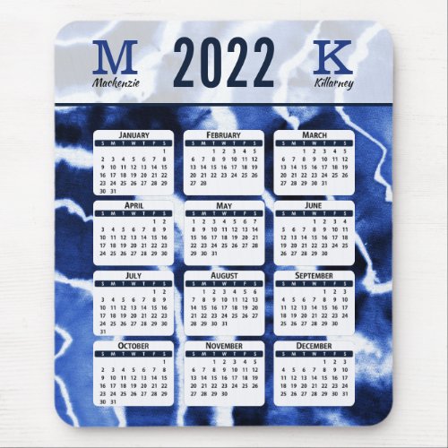 Blue Marble Tie Dye 2022 Calendar Monogram Name Mouse Pad