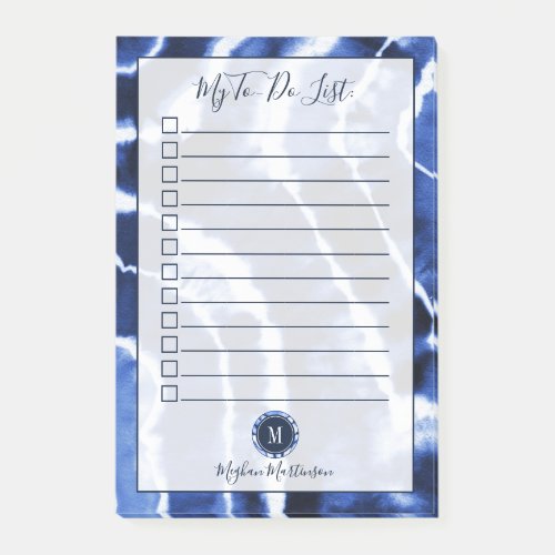 Blue Marble Tie Dye Watercolor Monogram To Do List Post_it Notes