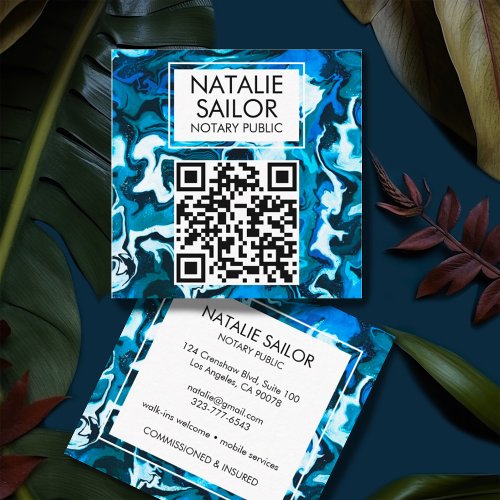 Blue Marble Unique QR CODE Modern Notary Public  Square Business Card