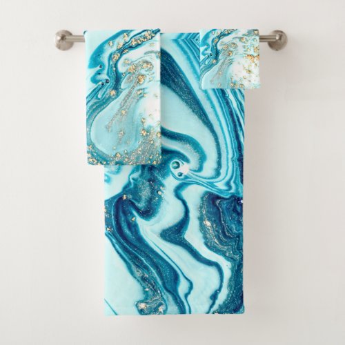 Blue Marble Watercolor Turquoise Gold Ocean Bath Towel Set