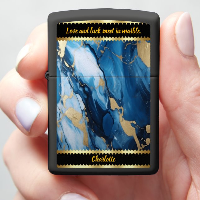 Blue marble with golden accents zippo lighter (In Hand)