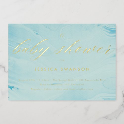 Blue Marbled Baby Shower Foil Invitation