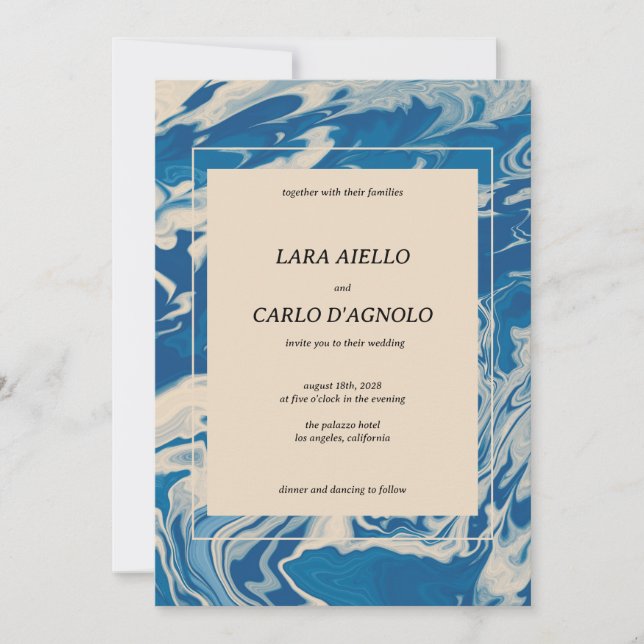 Blue Marbled Modern Coastal Wedding Invitation (Front)