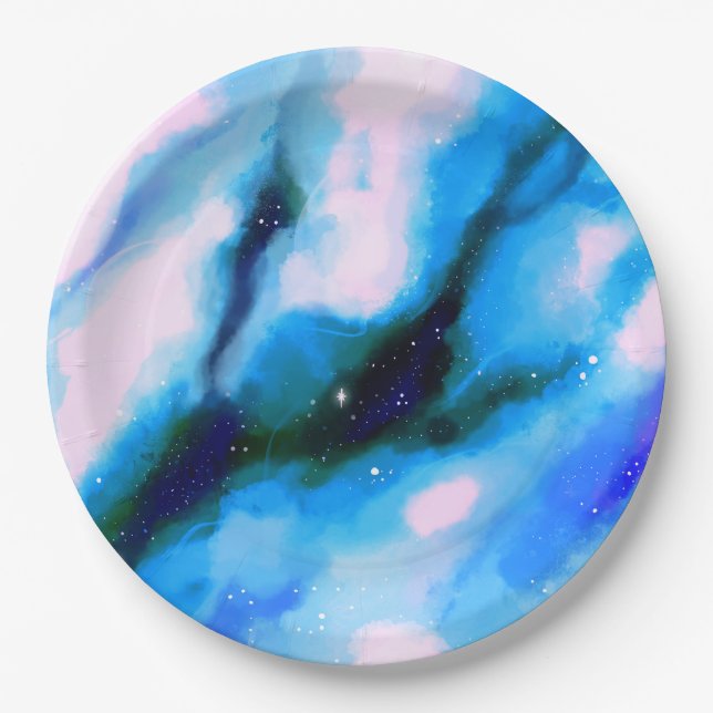 Blue Marbled Outer Space Abstract Background Paper Plates (Front)