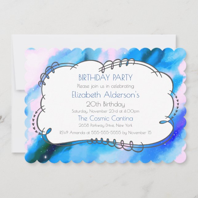 Blue Marbled Outer Space Abstract Birthday Invite (Front)