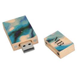 Blue Marbled Outer Space Abstract Monogram Wood Flash Drive