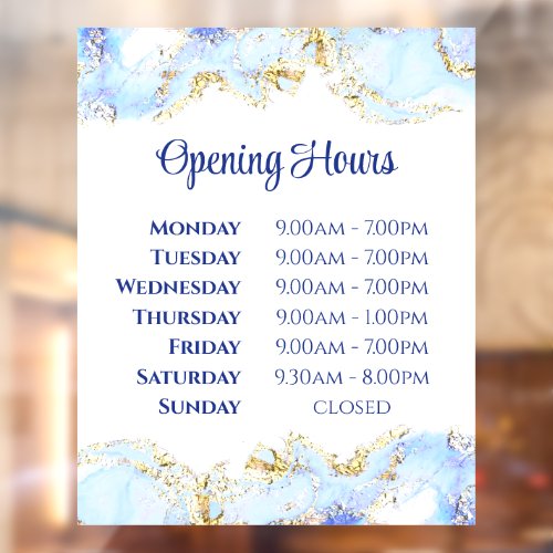 Blue marbling design opening hours window cling