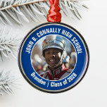 Blue Marching Band Photo High School Christmas Metal Ornament<br><div class="desc">This cool customized high school marching band photo features white typography of your team and player name on a blue Christmas ornament keepsake gift. Personalize with your student's photograph and class year as a proud parent.</div>