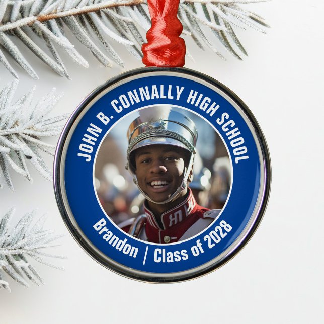 Blue Marching Band Photo High School Christmas Metal Ornament (Creator Uploaded)