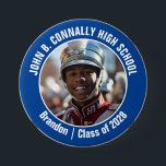 Blue Marching Band Photo High School Spirit Button<br><div class="desc">This cool customized high school marching band photo features white typography of your team and player name on a blue button. Personalize with your student's photograph and class year as a proud parent. A mom and dad can wear these buttons to competition and games.</div>