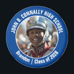 Blue Marching Band Photo High School Spirit Magnet<br><div class="desc">This cool customized high school marching band photo features white typography of your team and player name on a blue magnet. Personalize with your student's photograph and class year as a proud parent. A mom and dad can wear these buttons to competition and games.</div>