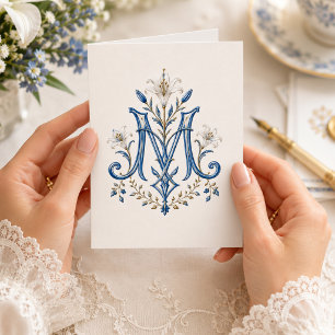 Blue Marian Monogram Catholic Stationery Thank You Card